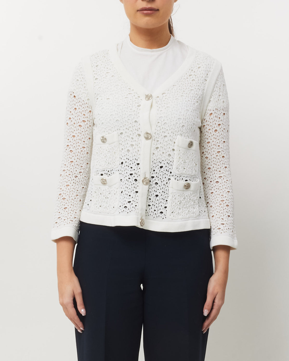 Chanel White Perforated Crochet Knit CC Logo Button Cardigan Sweater - 40