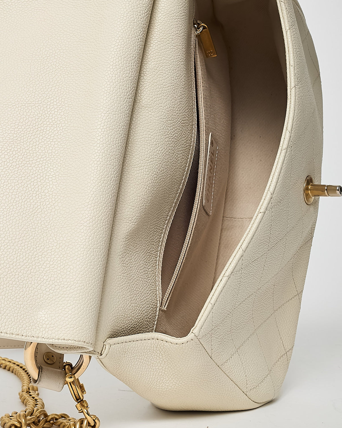Chanel White Caviar Leather Large Top Handle Flap Bag with Removable Strap