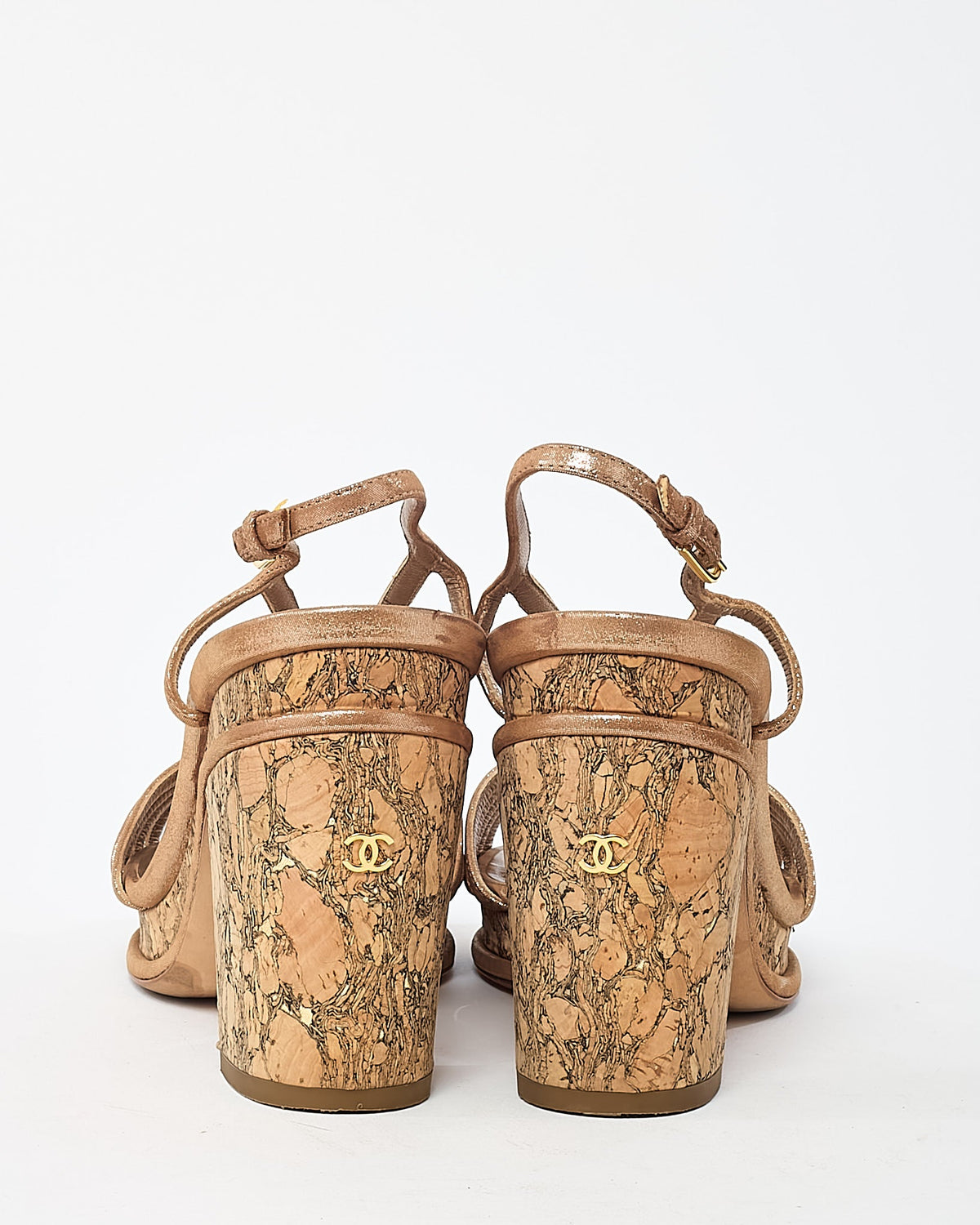 Chanel Beige Lame Leather CC Logo Cork Heel Strappy Sandals - 38.5